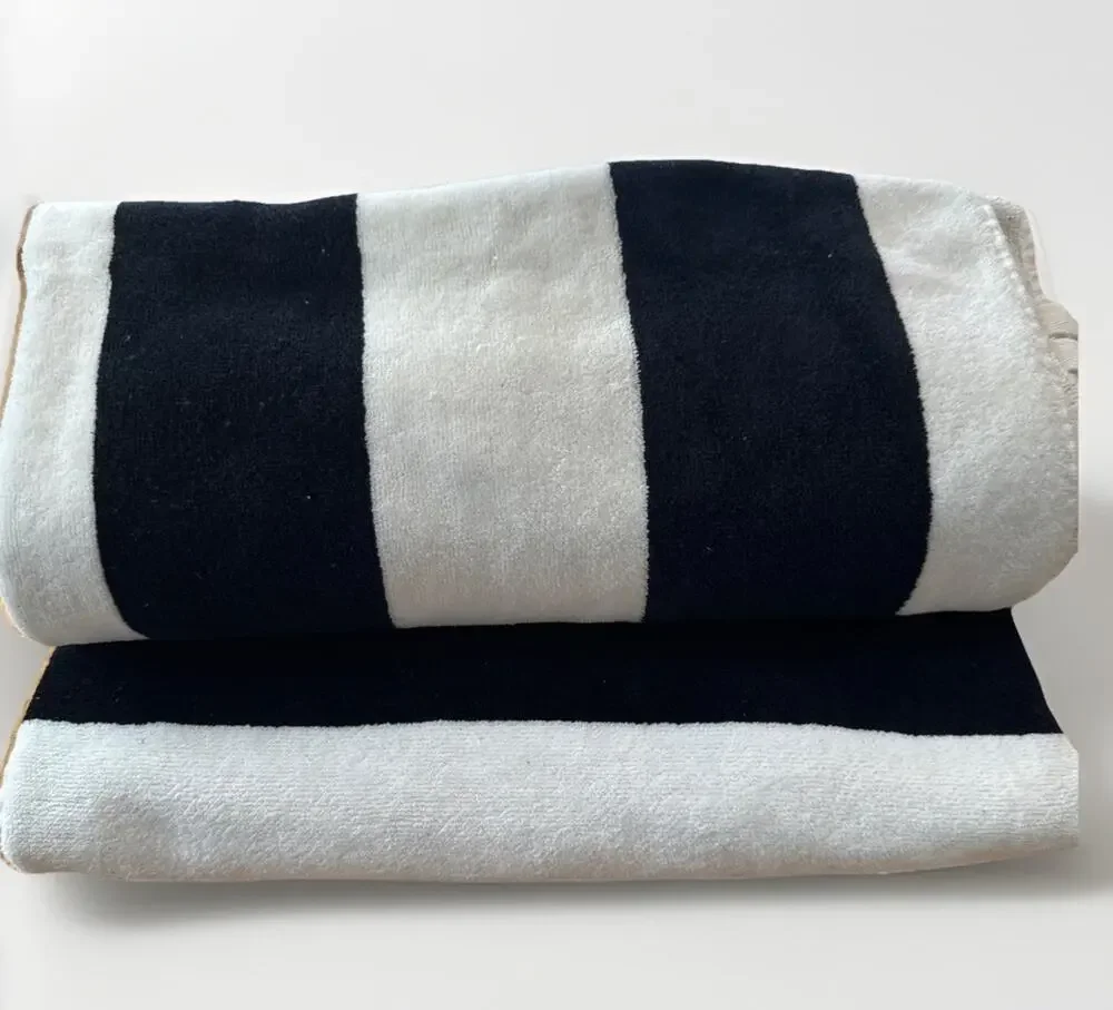 Pottery Barn Classic 2 Awning Stripe Beach Pool Towels 32x64 Black &White